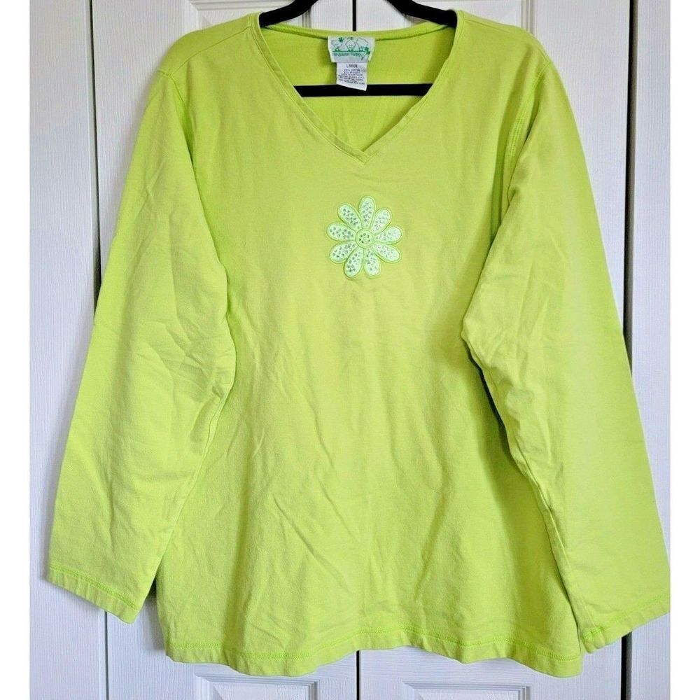 Quacker Factory 3/4 Sleeve Stretch Knit Top Sz Large Lime Green Beaded Flower